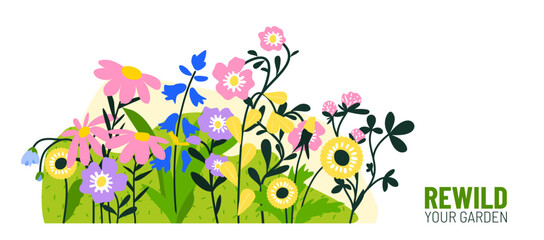 Biodiversity vector illustration concept. Different wildflowers in the garden. Rewilding concept, resilient habitats for native species. Renewing ecosystem and nature 