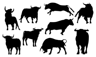 Collection of bull silhouettes in various poses isolated on white background