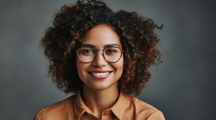 Happy mature african american woman in eyeglasses smiling at camera.