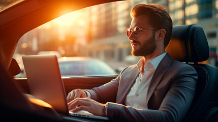Handsome businessman in sunglasses and stylish costume, working with laptop in car flooded with sunlight, while going on business trip