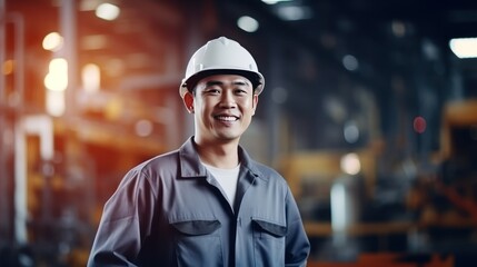 Portrait of Asian male engineer worker or industrial maintenance worker enjoy working in factory generative ai
