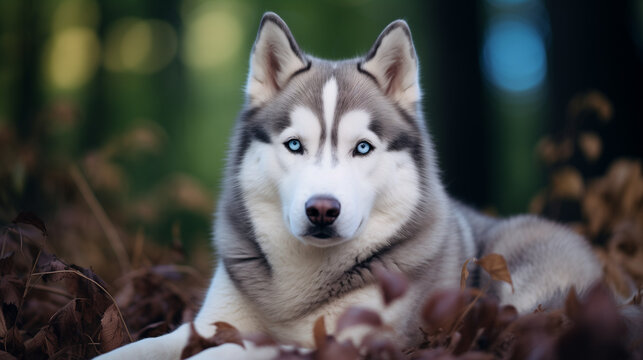 siberian husky portrait. Beautiful Siberian Husky dog with blue eyes in the forest
