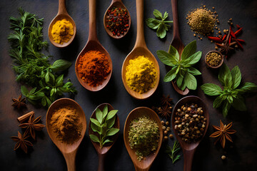 spices and herbs in spoons on a wooden table top view