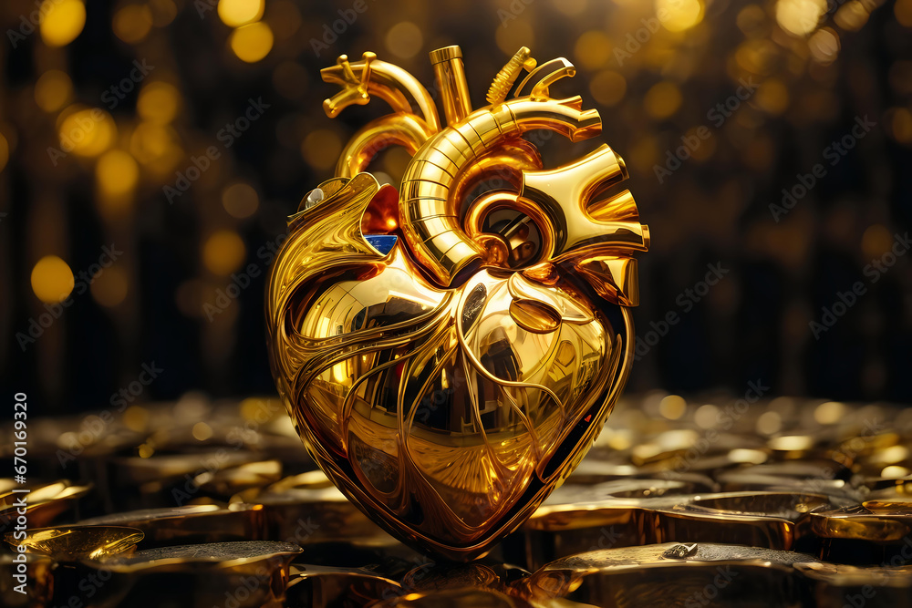 Fototapete golden anatomical heart on blurred background with bokeh and space for text