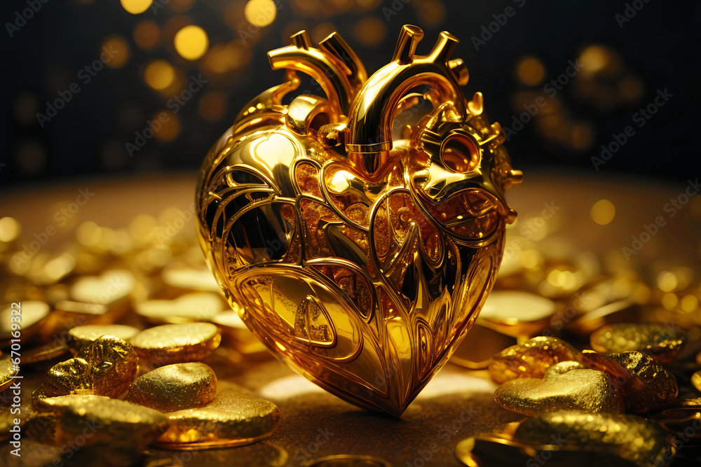 Fototapete golden anatomical heart on blurred background with bokeh and space for text