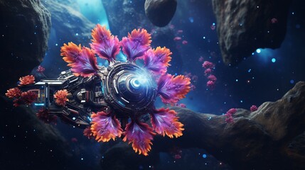 A Nebula Nasturtium-themed spaceship exploring the vastness of space, with the flower's patterns adorning its exterior.