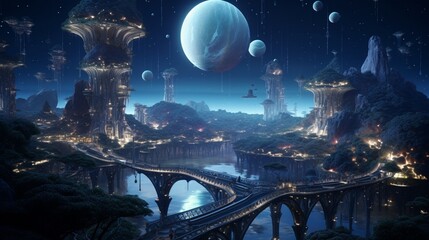 A network of crystalline bridges connecting floating islands on a waterworld beneath a dazzling, starlit sky.