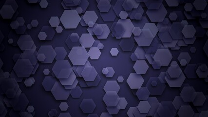 Illustration of a dark purple background with interlaced transparent and different hexagon shapes