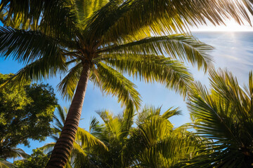 Fototapeta premium Digital photo of a the lush green foliage of a towering palm tree, with its broad fronds swaying in the ocean breeze. Wildlife concept of ecological environment
