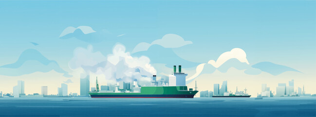 Green shipping in the sea, future city, green finance container cargo ship, esg, LNG ship, esg, sustainability, supply chain, supply chain management, green economy, green transport - obrazy, fototapety, plakaty