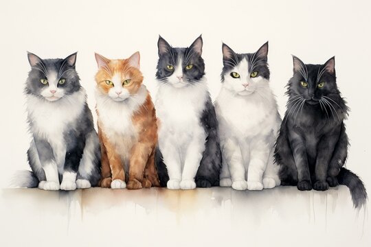 A watercolour painting of five cats with various colors sitting. Generative AI