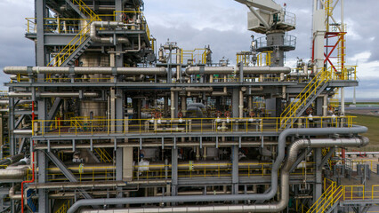 Closeup of chemical industrial pipelines of a petrochemical ship or oil rig