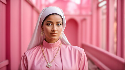 A woman in pink nun's clothing with a white shawl on her head, standing against a backdrop of pink architecture. - obrazy, fototapety, plakaty