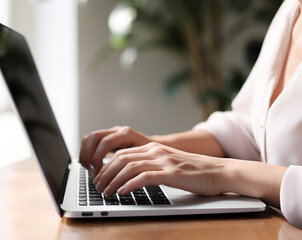 Detail of female hands, typing on a laptop in the office.
