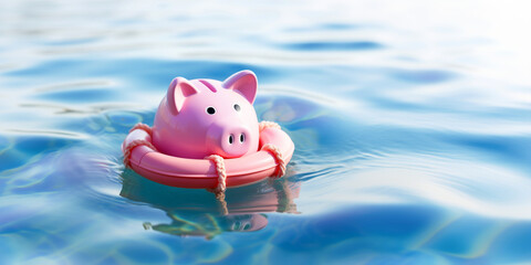 Pink piggy bank floats in a buoy on sea water, trying not to sink - Concept of investment failure, debt issue, bankruptcy, rescue in economy crisis, budget emergency - obrazy, fototapety, plakaty