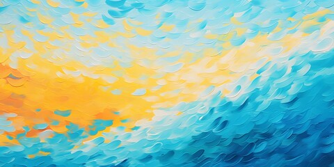 Fototapeta na wymiar Colorful wave and sunset abstract painting, tropical art texture background. Impressionist pastel blue, yellow backdrop with bold
