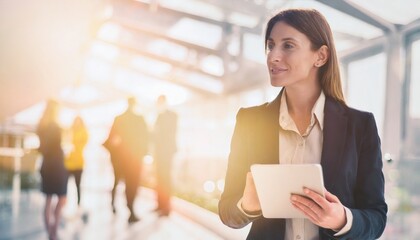 Portrait of a businesswoman, tablet in hand, office background