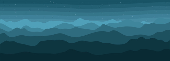 Abstract evening mountain landscape. Panoramic nature background with silhouettes of blue mountains and the night sky with stars. Wall art vector. Horizontal huge mountain range. Vector illustration