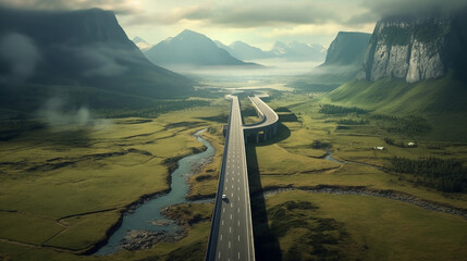 Surreal aerial image of a road in the middle of nature - obrazy, fototapety, plakaty