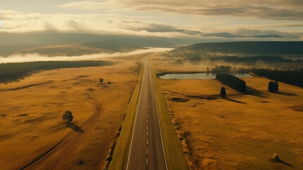 Surreal aerial image of a road in the middle of nature