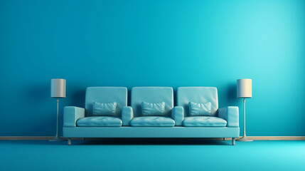 Retro sofa in a modern colorful space with minimal style and a huge wall as background 