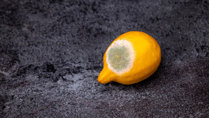 A spoiled lemon with mold lies on a gray table.