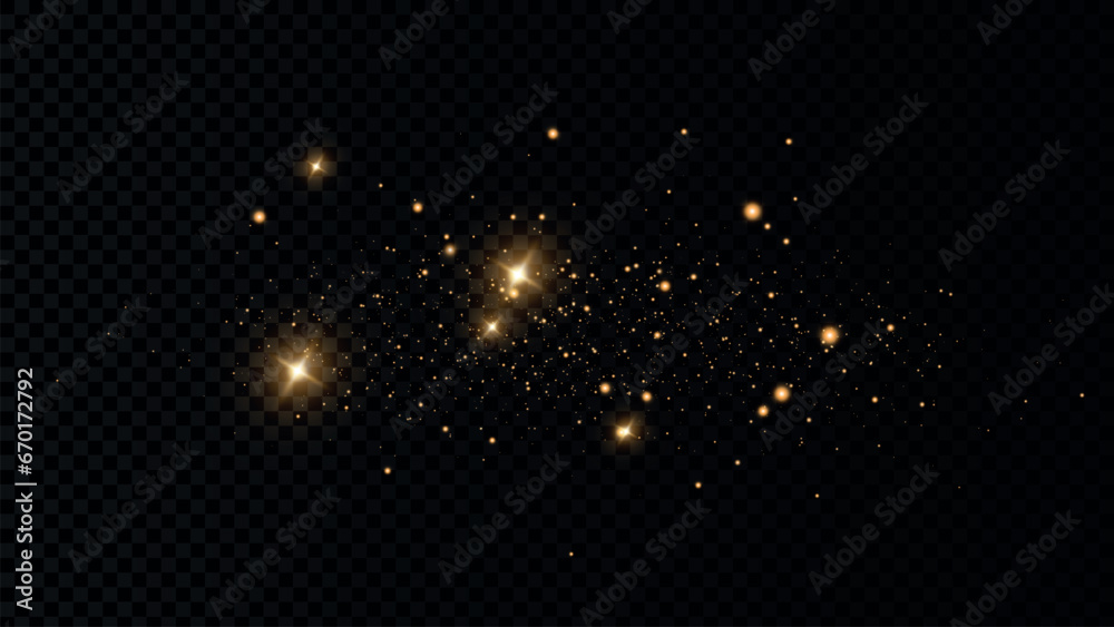 Wall mural the dust sparks and golden stars shine with special light. vector sparkles on a transparent backgrou