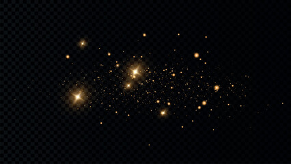 The dust sparks and golden stars shine with special light. Vector sparkles on a transparent background. Christmas light effect. Sparkling magical dust particles. PNG