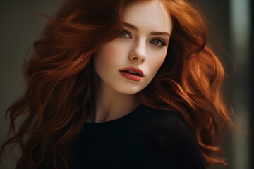 Naklejka premium 1990s elegant minimalistic fashion, female model with red hair wearing black dress. generative AI