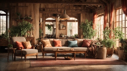 A cozy rustic living room illuminated by natural light, showcasing a comfortable sofa adorned with colorful cushions, surrounded by lush indoor plants and wooden decor.