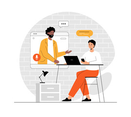 Business webinar, Virtual training conference concept. People Meeting Online. Illustration with people scene in flat design for website and mobile development.