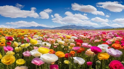 A panoramic view of a Rainbow Ranunculus garden, captured in high resolution 8K, showcasing the...