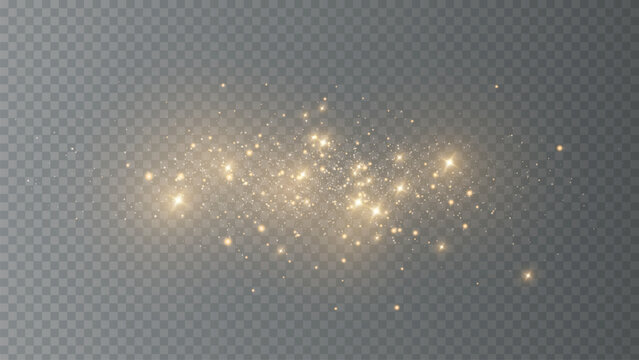 The dust sparks and golden stars shine with special light. Vector sparkles on a transparent background. Christmas light effect. Sparkling magical dust particles. PNG