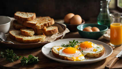 Rustic breakfast setting with sunny side up eggs on toast, a stack of buttered bread slices, fresh orange juice, and whole eggs, all illuminated by soft window light.