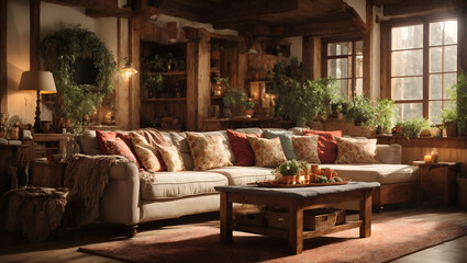 Fototapeta premium Cozy rustic living room interior with plush sofa, warm lighting, wooden beams, and abundant plants near large windows.