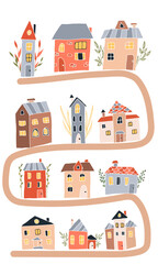 A set of Scandinavian multicolored houses, doodle hand drawn , cartoon flat .Autumn illustrations of buildings, children's drawings. For kids. On white background  .