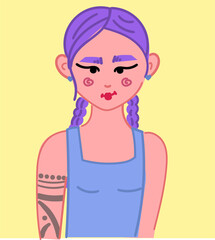 Young woman with tattoo on her shoulder, purple braid hair, Vector flat illustration hand drawn