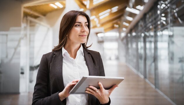 Portrait of a businesswoman, tablet in hand, office background