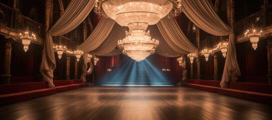 A lavish runway, Adorned with velvet curtains and vintage chandeliers. - obrazy, fototapety, plakaty