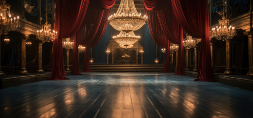 A lavish runway, Adorned with velvet curtains and vintage chandeliers. - Powered by Adobe