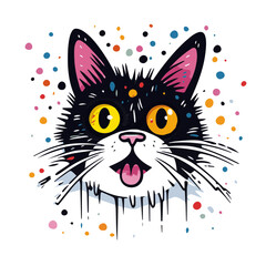 Charming Wide-Eyed Cat Illustration, Hand-Drawn Cute Kitten Exhibiting a Look of Wonder, Ideal for Adding a Touch of Whimsy to Any Space
