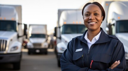 Portrait of smiling professional female truck driver. Truck vehicles in the background. - obrazy, fototapety, plakaty