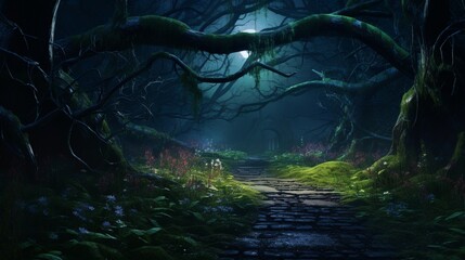 A pathway in a forest, lined with Moonlit Moss Phlox, leading to an enchanting and mysterious destination under the moonlight.