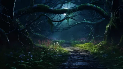 Zelfklevend Fotobehang A pathway in a forest, lined with Moonlit Moss Phlox, leading to an enchanting and mysterious destination under the moonlight. © Anmol