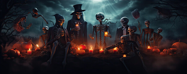 Group of skeletons people in helloween time - obrazy, fototapety, plakaty