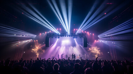 a New Year's concert, with a stage bathed in lights as the background context, during a musical extravaganza