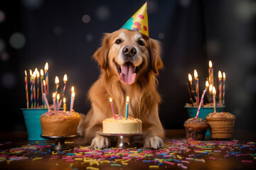 Golden Retriever Hund vor einem Geburtstagskuchen