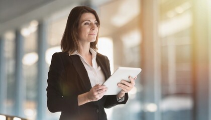 Portrait of a businesswoman, tablet in hand, office background