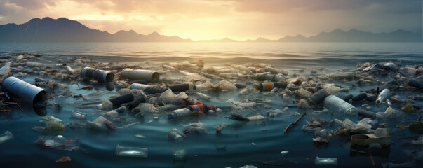 Polluted lake or river. Lot of plastic bottles or garbage in water. - obrazy, fototapety, plakaty
