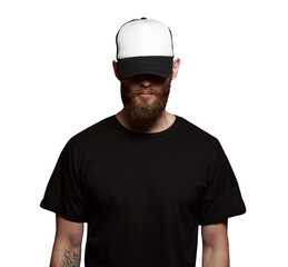 Hipster man wearing a white baseball cap and a black t-shirt
